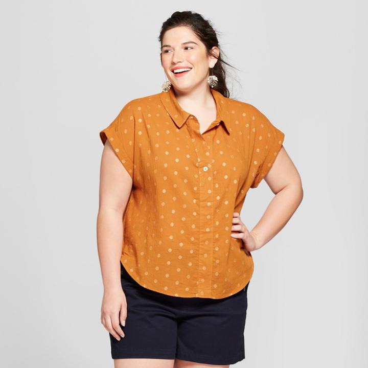 Women's Plus Size Polka Dot Short Sleeve Lurex Popover Shirt - A New Day Rust