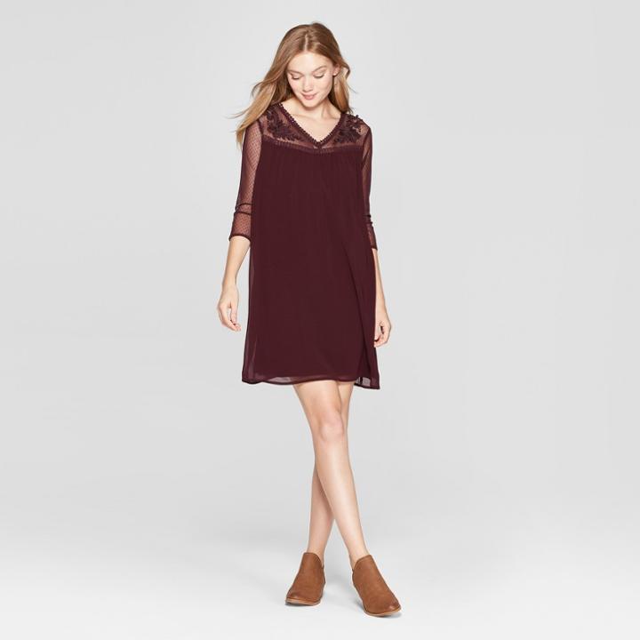Women's Floral Print Embroidered Mesh Yoke Swing Dress - Lux Ii - Burgundy (red)