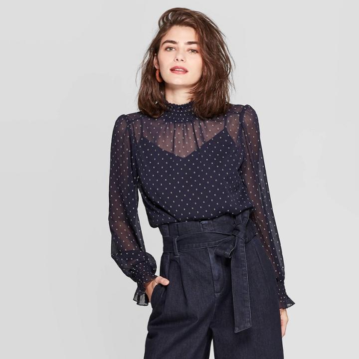 Women's Regular Fit Long Sleeve Turtleneck Woven Blouse - A New Day Navy