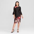 Women's Floral Print Bell Sleeve Scuba Midi Dress - Melonie T - Black