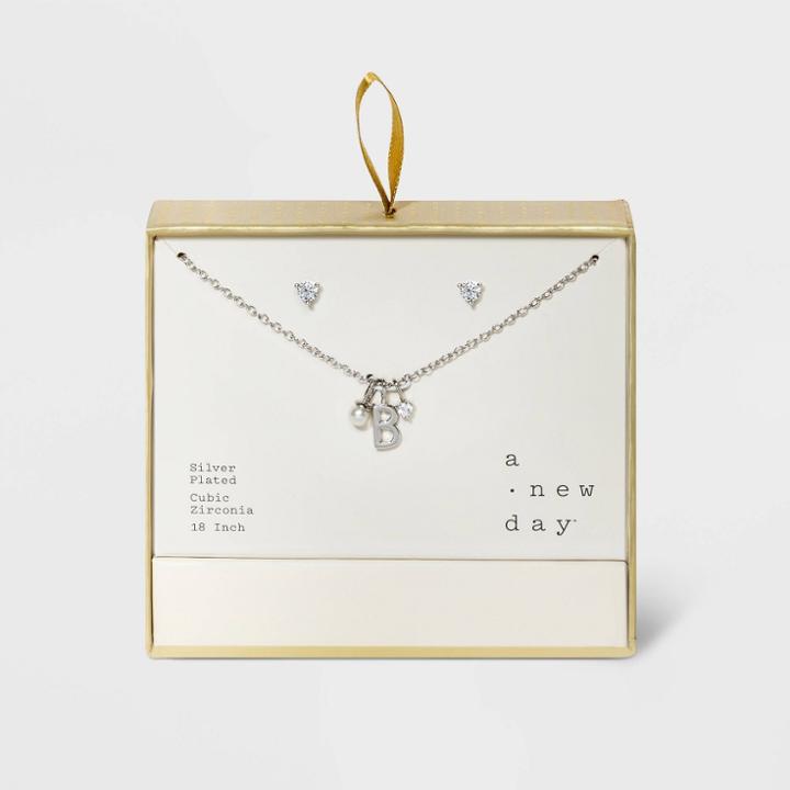 Silver Plated With Cubic Zirconia And Pearl Initial 'b' Charm Cluster Necklace And Earring Set - A New Day