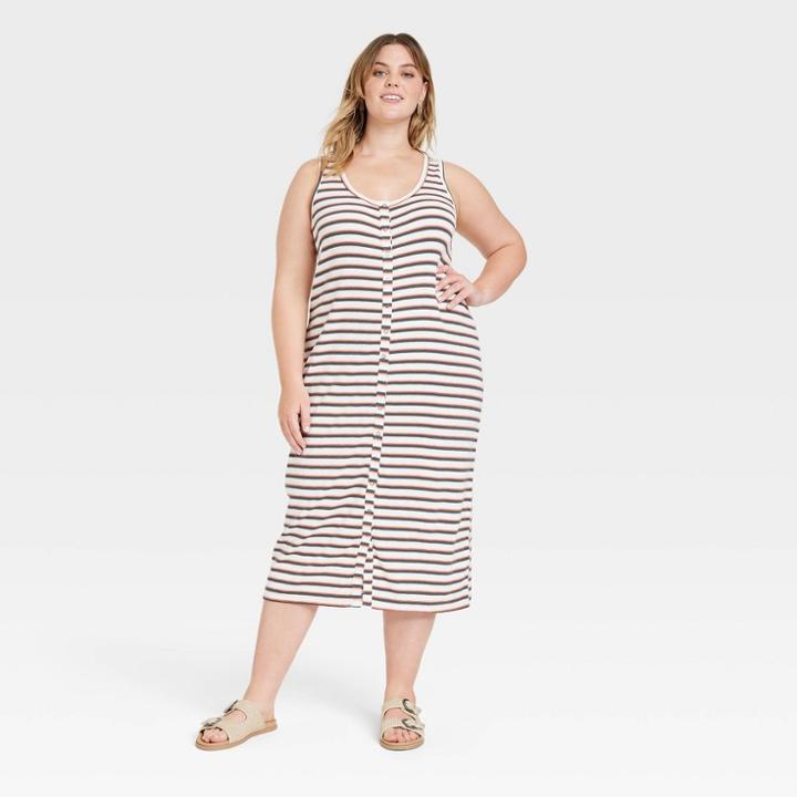Women's Plus Size Sleeveless Button-front Knit Bodycon Dress - Universal Thread Cream Striped 1x, Ivory