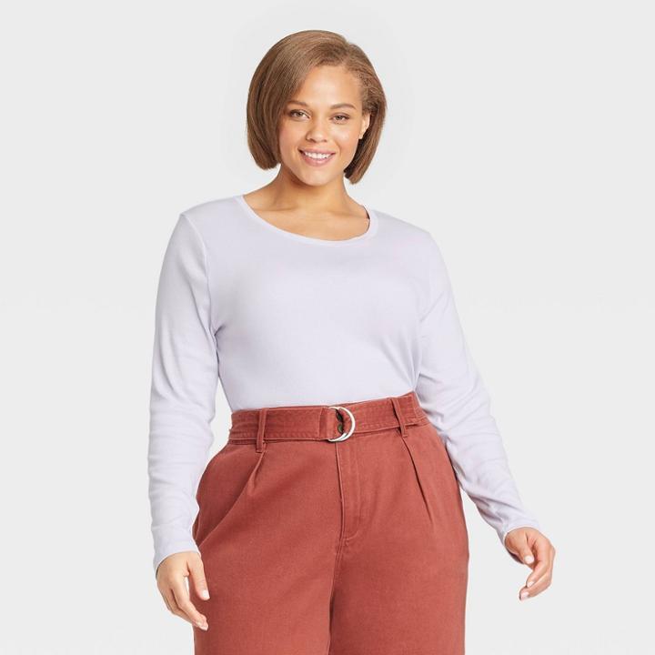 Women's Plus Size Long Sleeve Ribbed T-shirt - A New Day Light Purple