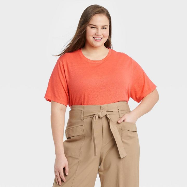 Women's Plus Size Short Sleeve Linen T-shirt - A New Day Orange
