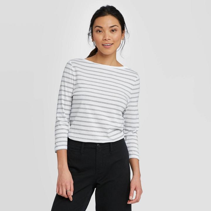 Women's Striped Slim Fit Long Sleeve Boat Neck T-shirt - A New Day White/black