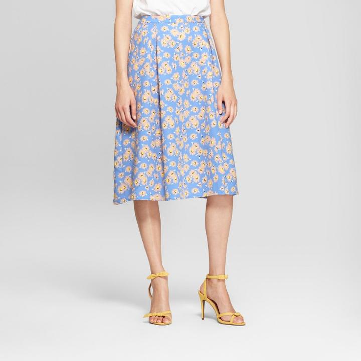 Women's Floral Print Birdcage Midi Skirt - Who What Wear Blue 12, Blue Floral