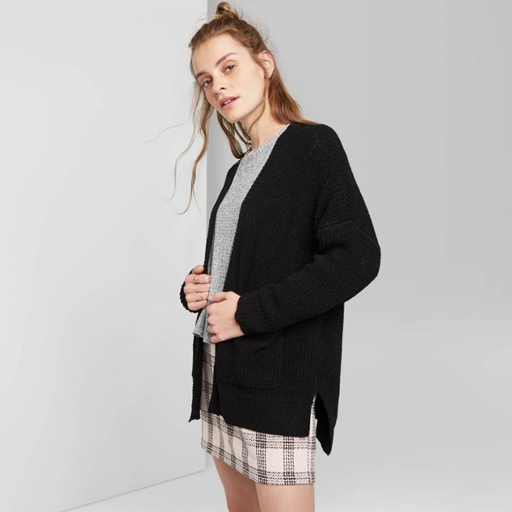 Women's Long Sleeve Open Neck Chenille Oversized Cardigan - Wild Fable Black S, Women's,