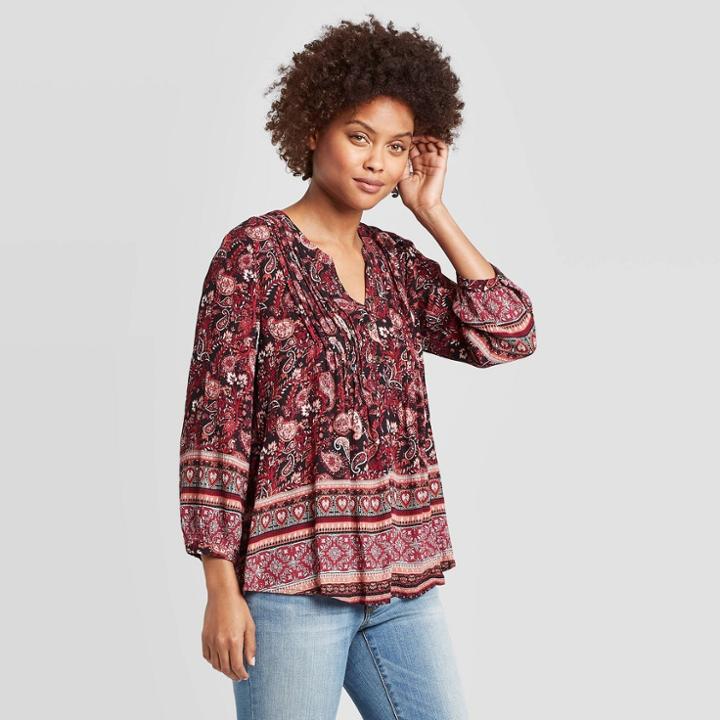 Women's Printed Long Sleeve V-neck Blouse - Knox Rose Black
