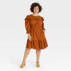 Women's Plus Size Puff Long Sleeve Ruffle Dress - Universal Thread Rust
