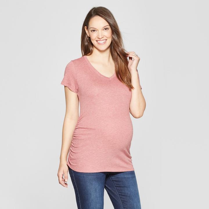 Maternity Short Sleeve Side Shirred V-neck T-shirt - Isabel Maternity By Ingrid & Isabel Rose Heather