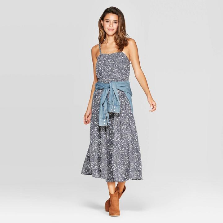 Women's Floral Print Sleeveless Square Neck Button Front Tiered Midi Dress - Universal Thread Black S,