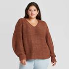 Women's Plus Size Balloon Sleeve V-neck Pullover Sweater - Universal Thread Brown