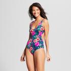 Tori Praver Seafoam Women's Floral Print Cut Out Floral Cheeky One Piece Swimsuit - Navy/electric Plum