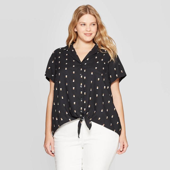 Women's Plus Size Printed Short Sleeve Collared Tie Front Shirt - Ava & Viv Black