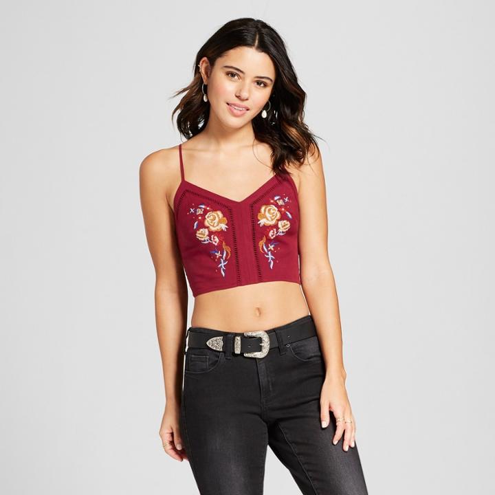 Women's Strappy V-neck Embroidered Crop Top - Xhilaration Berry