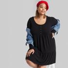 Women's Plus Size Long Sleeve Round Neck Tiered Babydoll At Knee Dress - Wild Fable Black 1x, Women's,