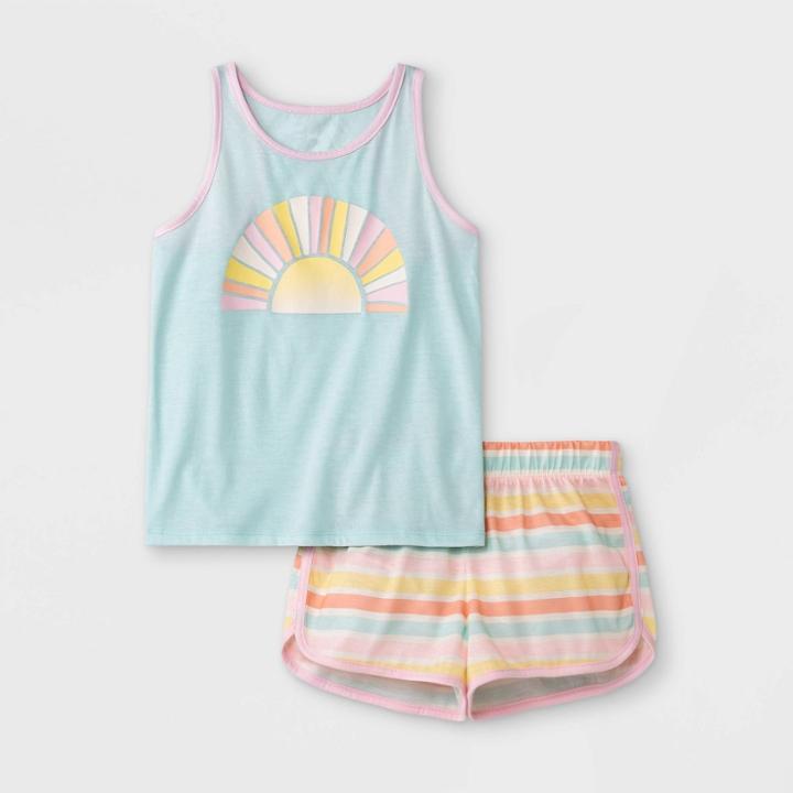 Girls' 2pc Sunrise Tank Short Sleeve Pajama Set - Cat & Jack Aqua Green