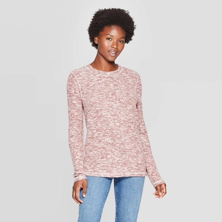 Women's Long Sleeve Crewneck Hacci T-shirt - Universal Thread Burgundy Brown S, Size: Small, Red Brown