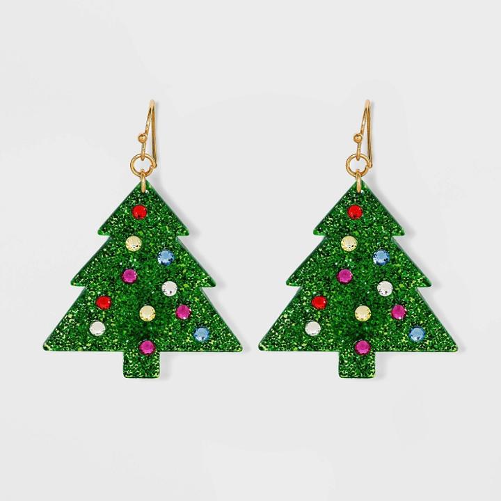 No Brand Holiday Novelty Clear Acrylic Tree Statement Earrings - Green