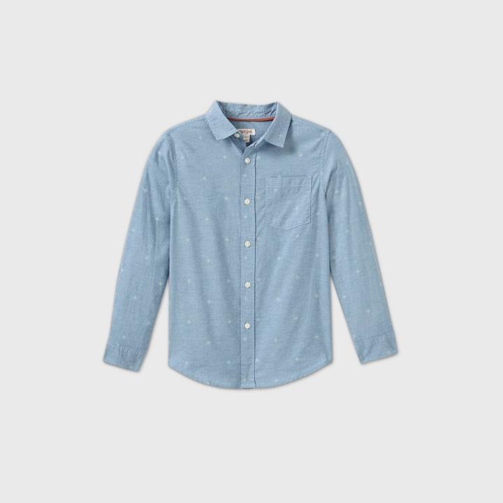 Boys' Long Sleeve Button-down Poplin Printed Shirt - Cat & Jack Blue