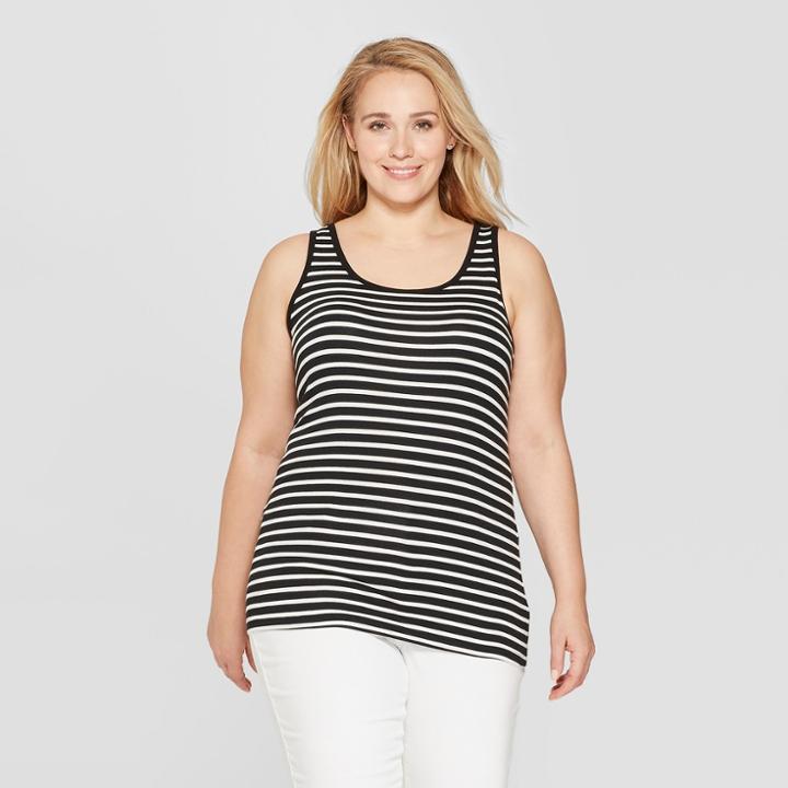 Women's Plus Size Striped Perfect Tank Top - Ava & Viv Black/white