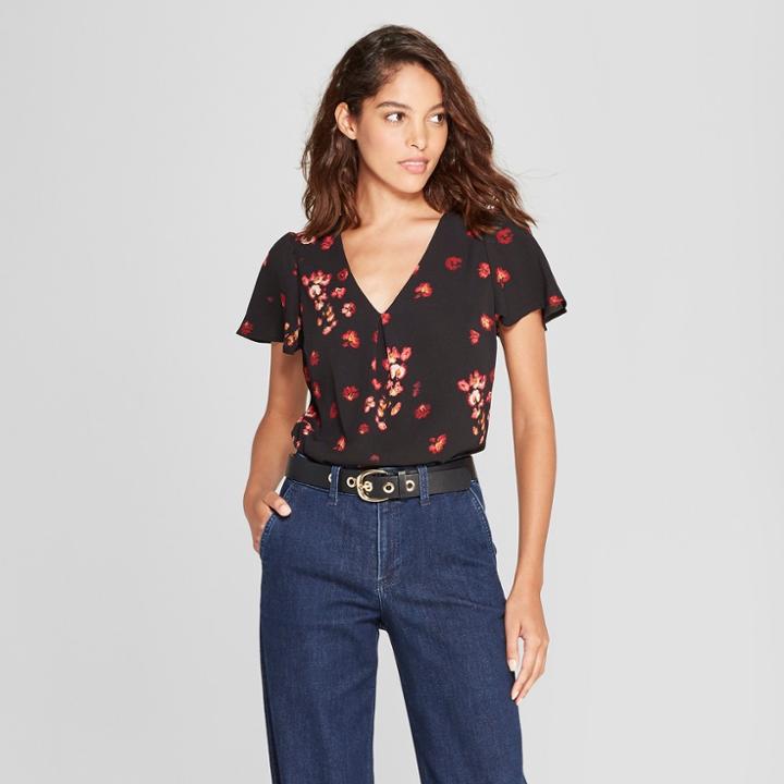 Women's Floral Print Short Flutter Sleeve Blouse - A New Day Black
