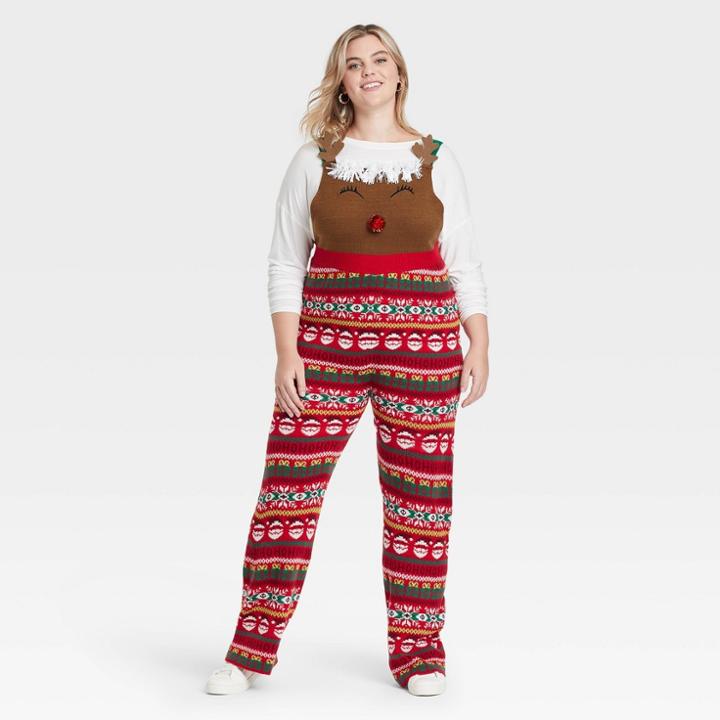 Born Famous Women's Plus Size Mommy And Me Reindeer Holiday Graphic Jumpsuit - Red