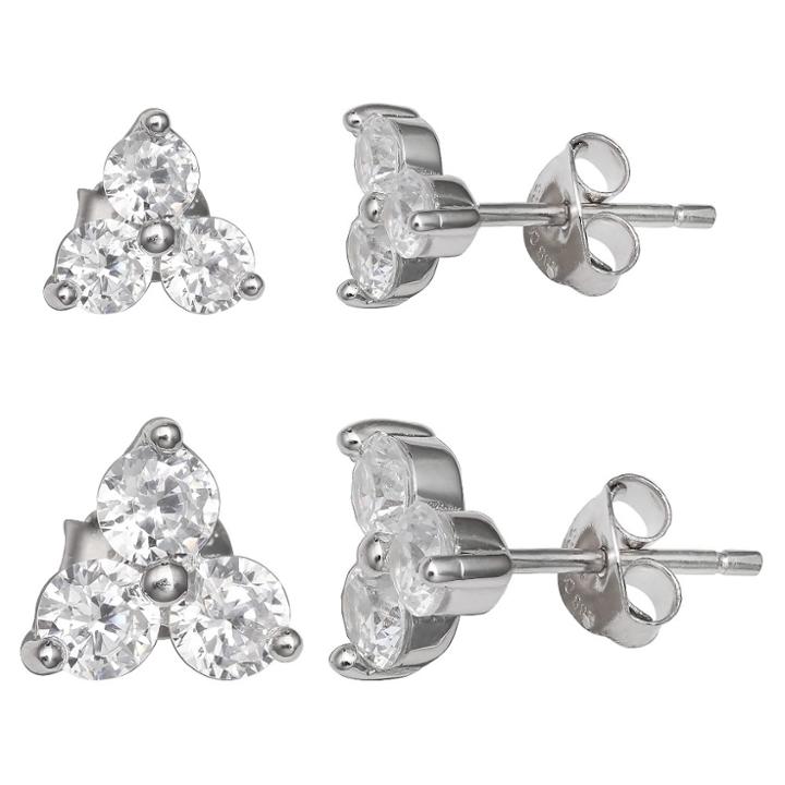 Target Women's Set Of Two Triple Stud Earrings With Clear Cubic Zirconia In Sterling Silver - Silver/clear