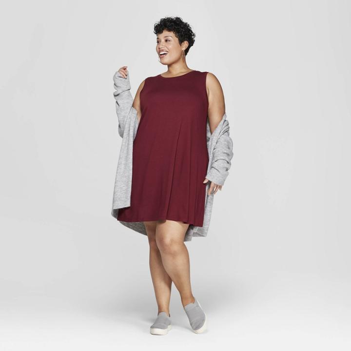 Women's Plus Size Sleeveless Knit Swing Dress - Ava & Viv Burgundy (red)
