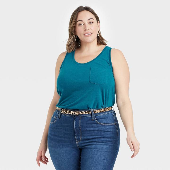 Women's Plus Size Linen Pocket Tank Top - Ava & Viv Teal X