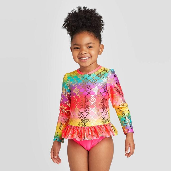 Toddler Girls' Mermaid Scales Zip-up Long Sleeve One Piece Rash Guard - Cat & Jack Pink 12m, Toddler Girl's