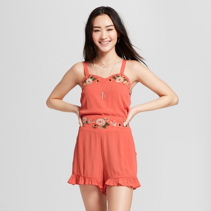 Women's Embroidered Cropped Tank Top - Xhilaration Coral (pink)