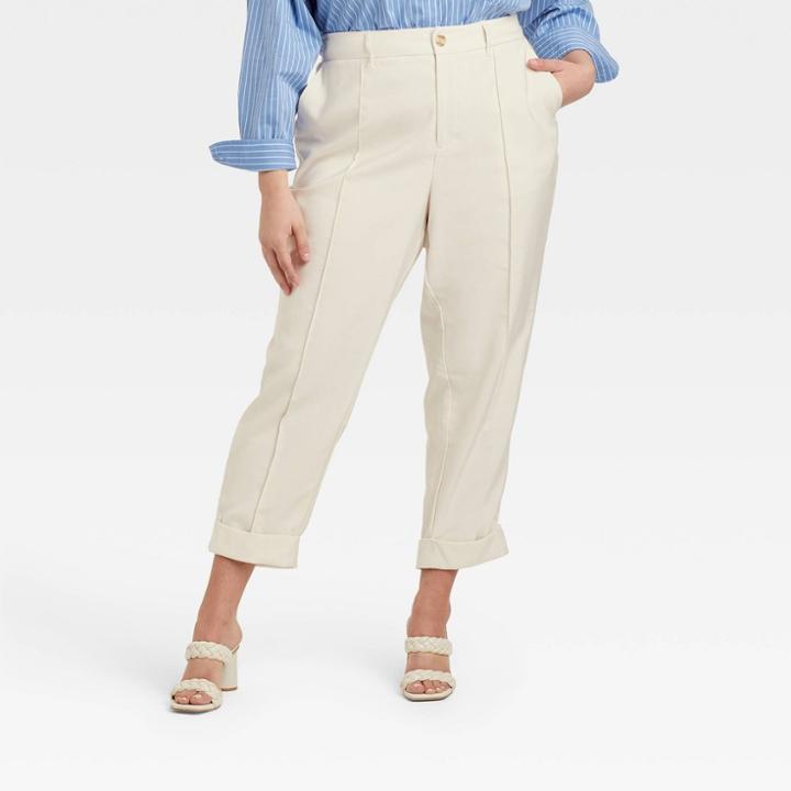 Women's Plus Size High-rise Slim Straight Leg Pintuck Ankle Pants - A New Day Cream