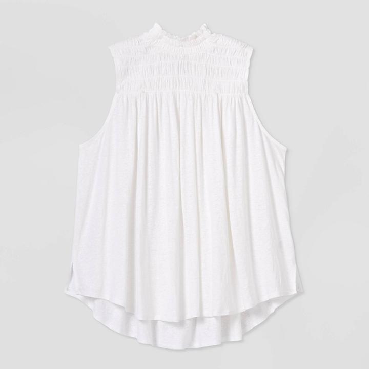 Women's Plus Size Smocked Linen Tank Top - A New Day Cream