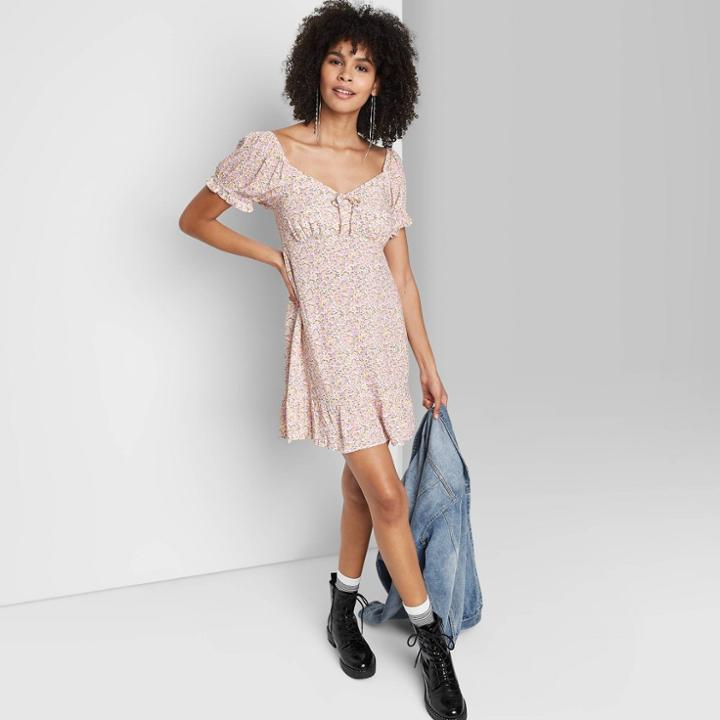 Women's Short Sleeve Sweetheart Ruffle With Tie-back Dress - Wild Fable White Floral