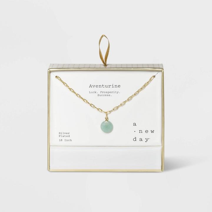 Silver Plated Aventurine Coin Paperclip Link Y Necklace - A New Day Green
