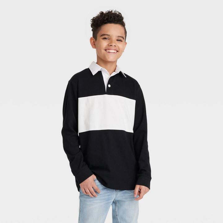 Boys' Collared Long Sleeve Woven Chest Striped T-shirt - Art Class Black/cream