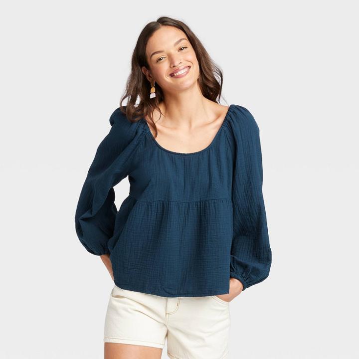 Women's Balloon Long Sleeve Peplum Top - Universal Thread Navy