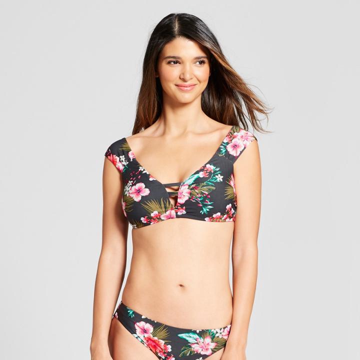 Vanilla Beach Women's Floral Print Off The Shoulder Bandeau Bikini Top - Hawaiian Floral D/dd Cup, Gray