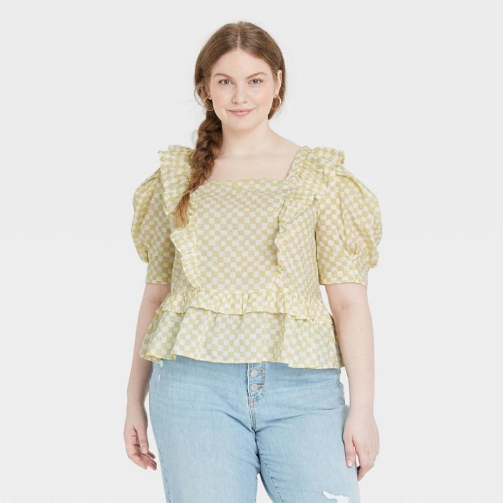 Women's Plus Size Puff Short Sleeve Ruffle Peplum Blouse - Universal Thread Green Geometric
