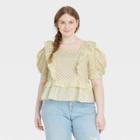 Women's Plus Size Puff Short Sleeve Ruffle Peplum Blouse - Universal Thread Green Geometric