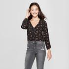 Women's Floral Print Long Sleeve Button Front Top - Soul Cake (juniors') Black