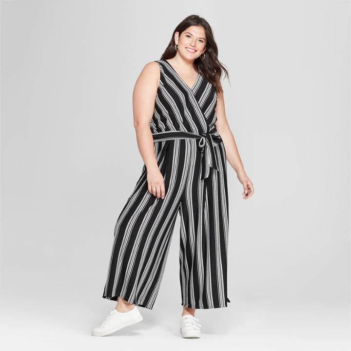 Women's Plus Size Striped Jumpsuit - Ava & Viv Black X