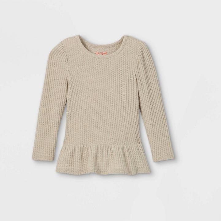 Toddler Girls' Solid Cozy Waffle Long Sleeve T-shirt - Cat & Jack Oatmeal Heather 12m, Oatmeal Grey