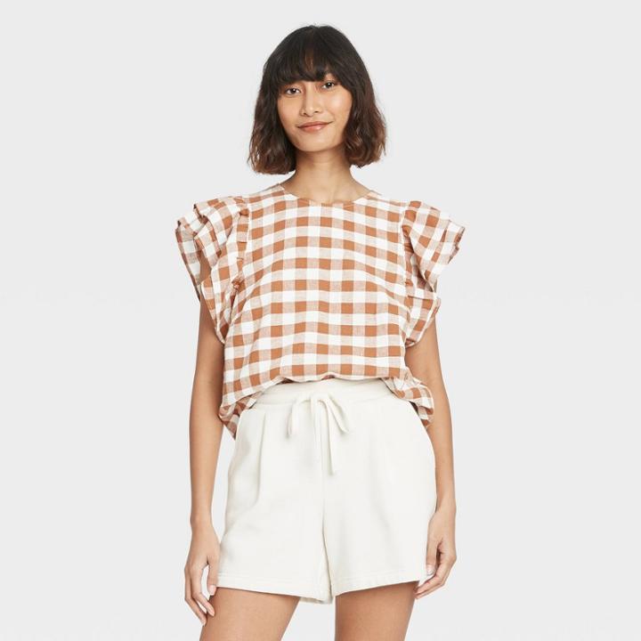 Women's Gingham Checks Ruffle Short Sleeve Linen Top - A New Day Brown