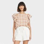 Women's Gingham Checks Ruffle Short Sleeve Linen Top - A New Day Brown