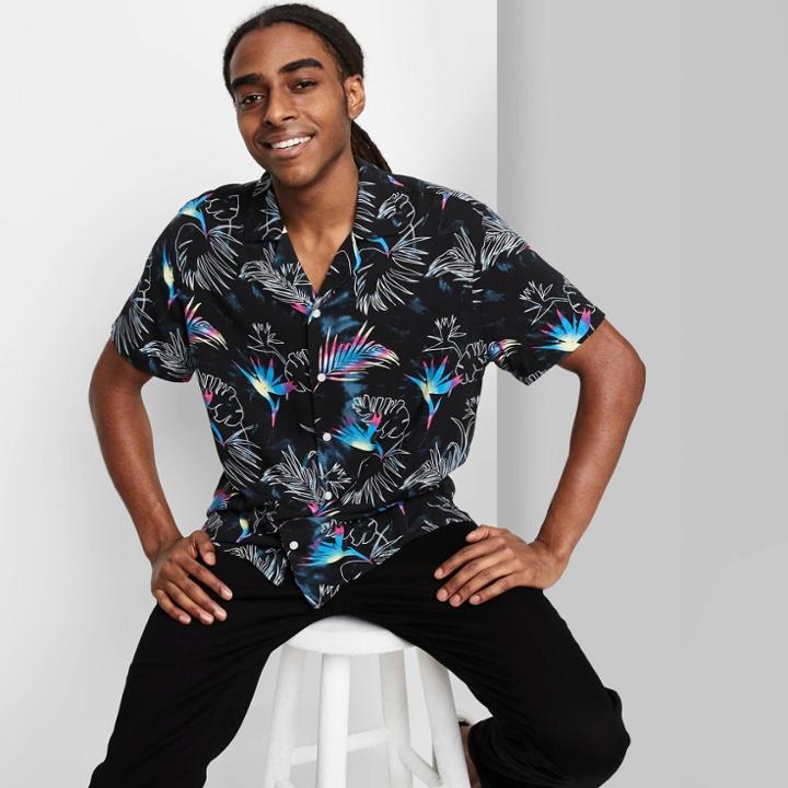 Men's Floral Print Button-down Shirt - Original Use Black/floral