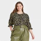 Women's Plus Size Floral Print Puff 3/4 Sleeve Top - Who What Wear Black