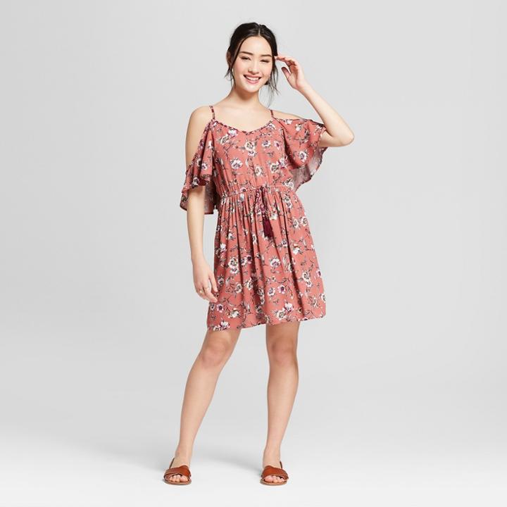 Women's Floral Print Short Sleeve Cold Shoulder Fit And Flare Sundress- Xhilaration Burgundy/pink
