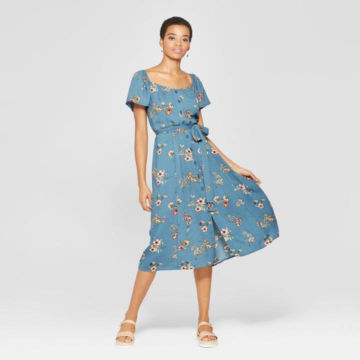 Women's Floral Print Short Sleeve Off The Shoulder Button Front Midi Dress - Xhilaration